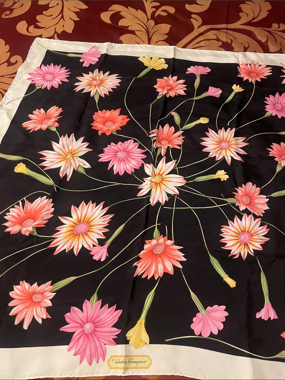 Salvatore Ferragamo Black Floral Silk Throw with Pink & Yellow Blooms, vintage